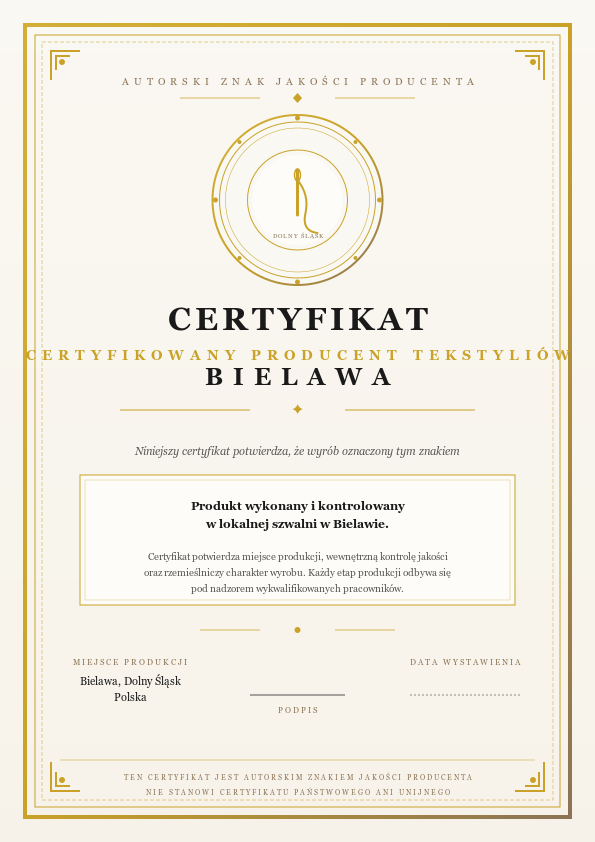 Produkcja tekstyliów BERTAX w Bielawie - Certyfikat Jakości Producenta