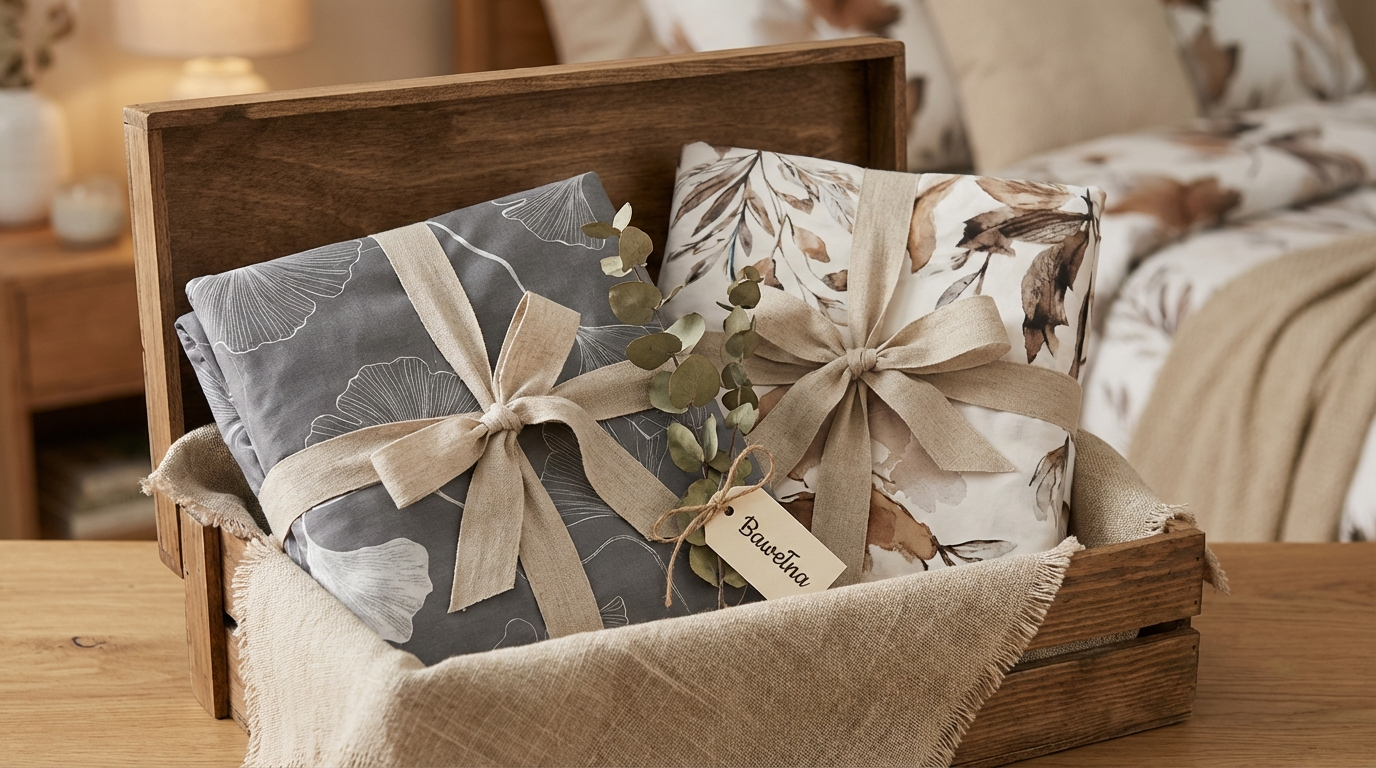 Pościel prezentowa BERTAX - eleganckie opakowanie z satynową wstążką, idealne na prezent ślubny lub urodzinowy