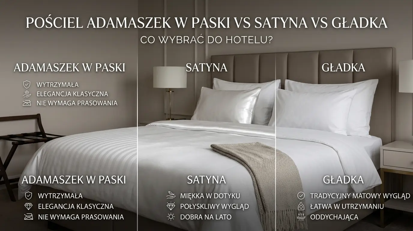 Pościel adamaszek vs satyna vs gładka – co wybrać do hotelu? Kompleksowe porównanie tkanin